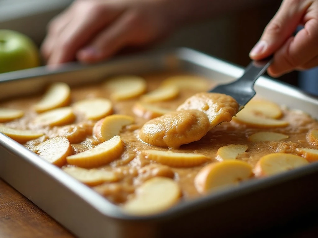 Spreading thick apple cake batter evenly in a baking pan