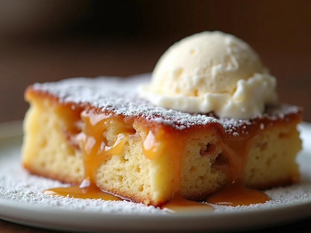 Apple cake served with powdered sugar and vanilla ice cream