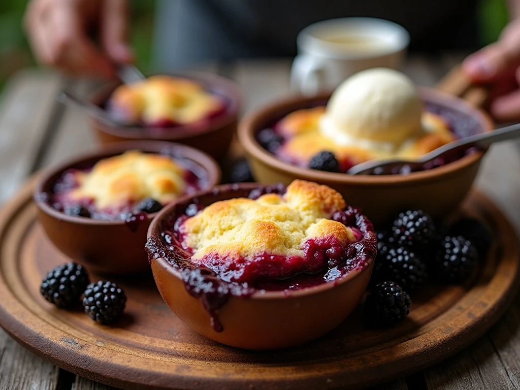Warm three-ingredient blackberry campfire cobbler served with vanilla ice cream