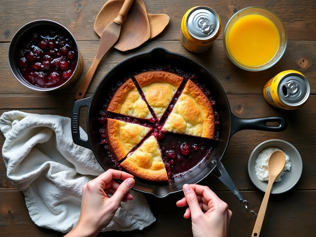 Three ingredients and Dutch oven needed for blackberry campfire cobbler