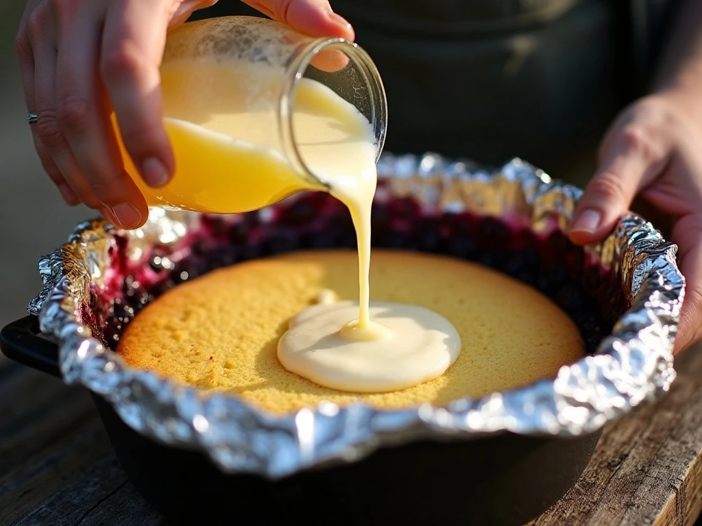 Pouring lemon-lime soda over cake mix for Dutch oven blackberry cobbler