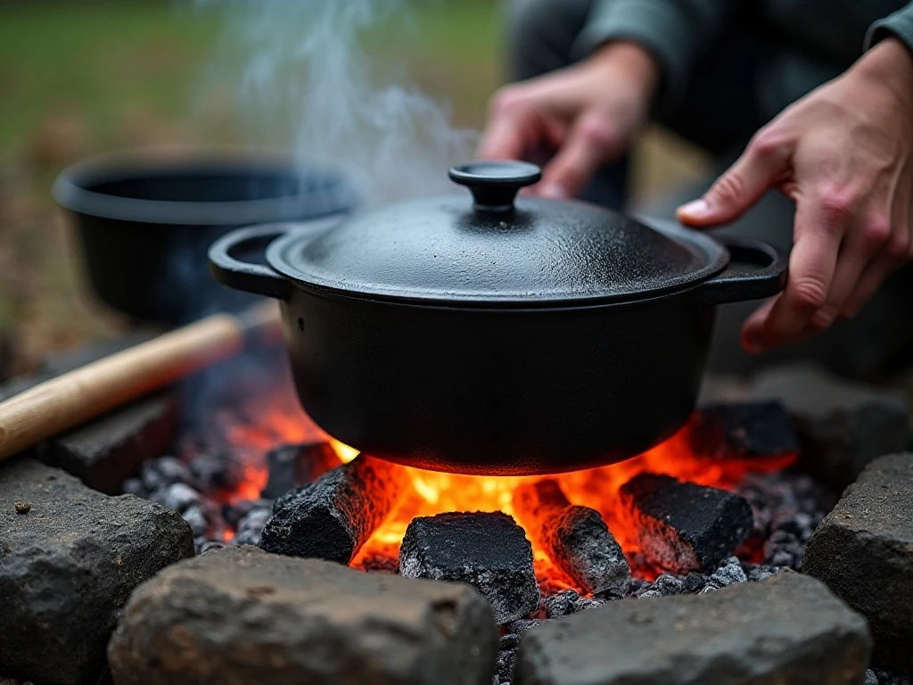 Dutch oven blackberry cobbler cooking over glowing campfire coals