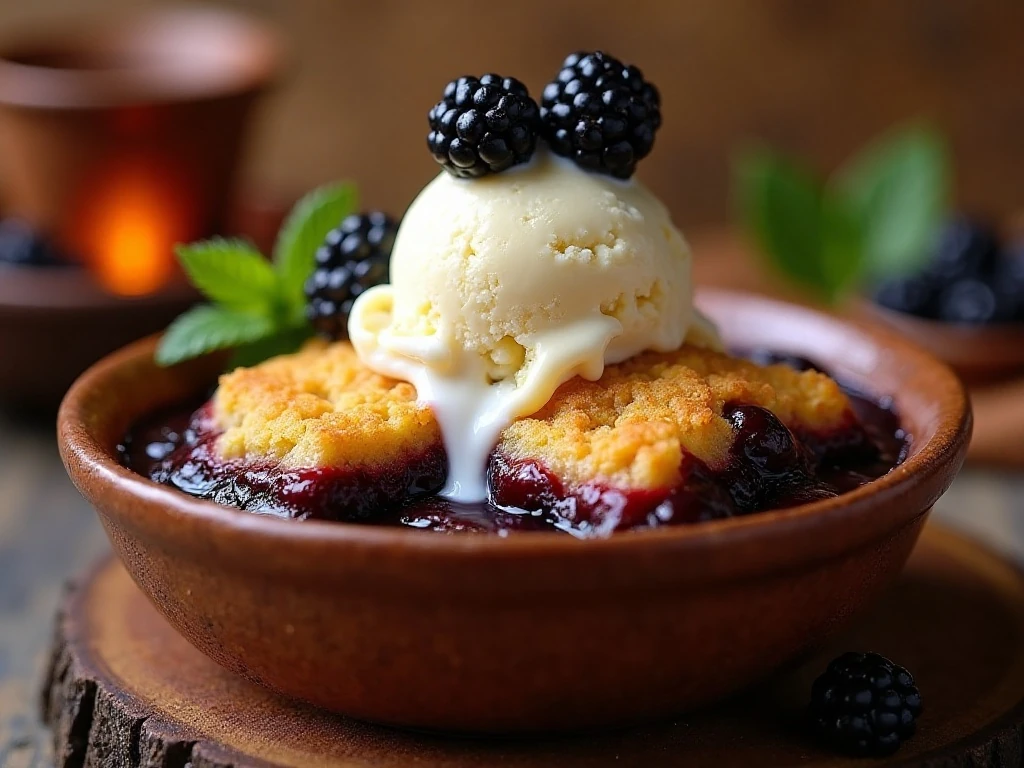 Close-up of blackberry cobbler topped with melting vanilla ice cream