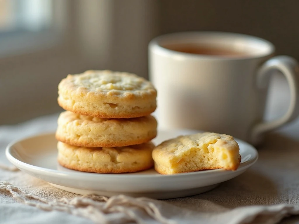 Stack of homemade buttery shortbread cookies served with tea