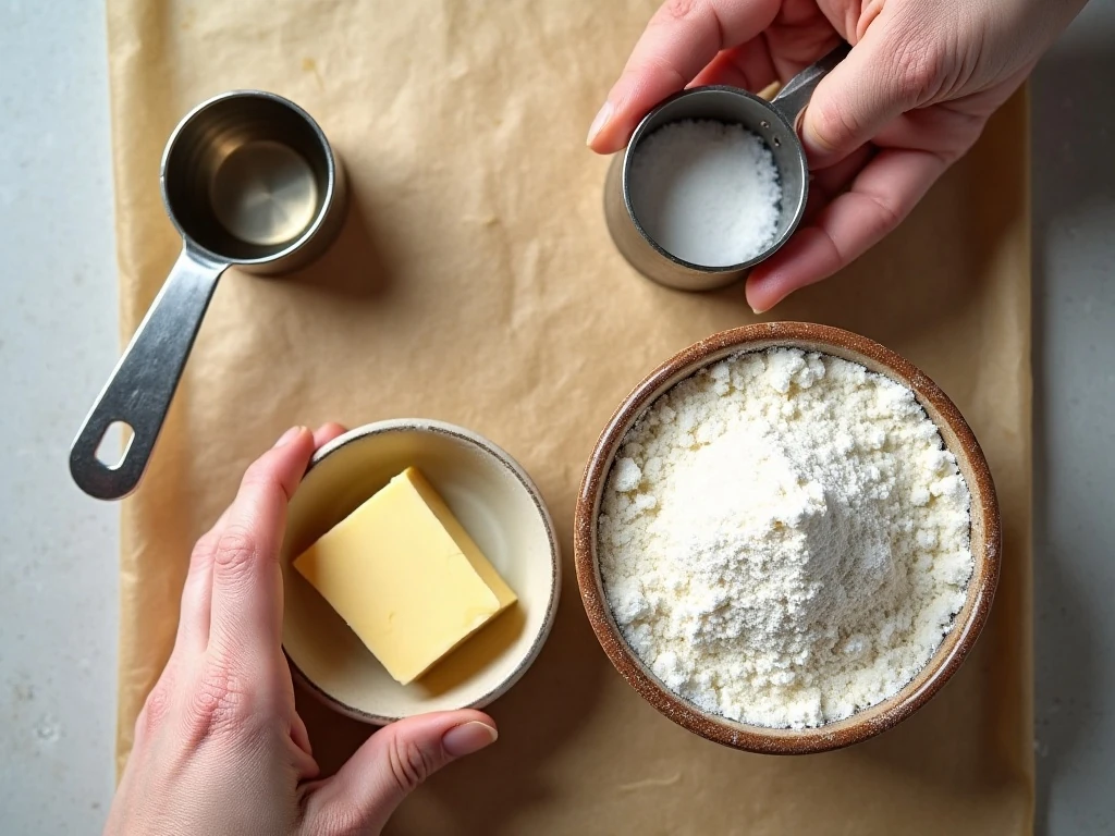 Butter sugar and flour for three ingredient shortbread cookies