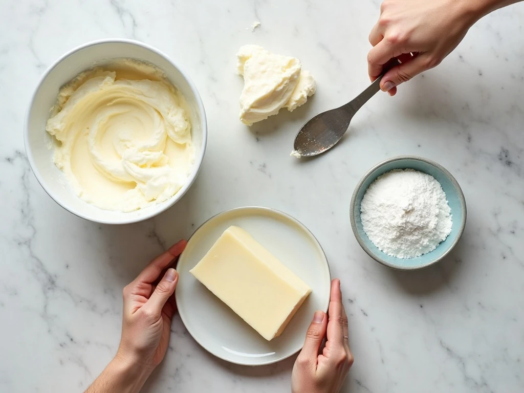 Cream cheese butter and powdered keto sweetener for cheesecake fat bombs