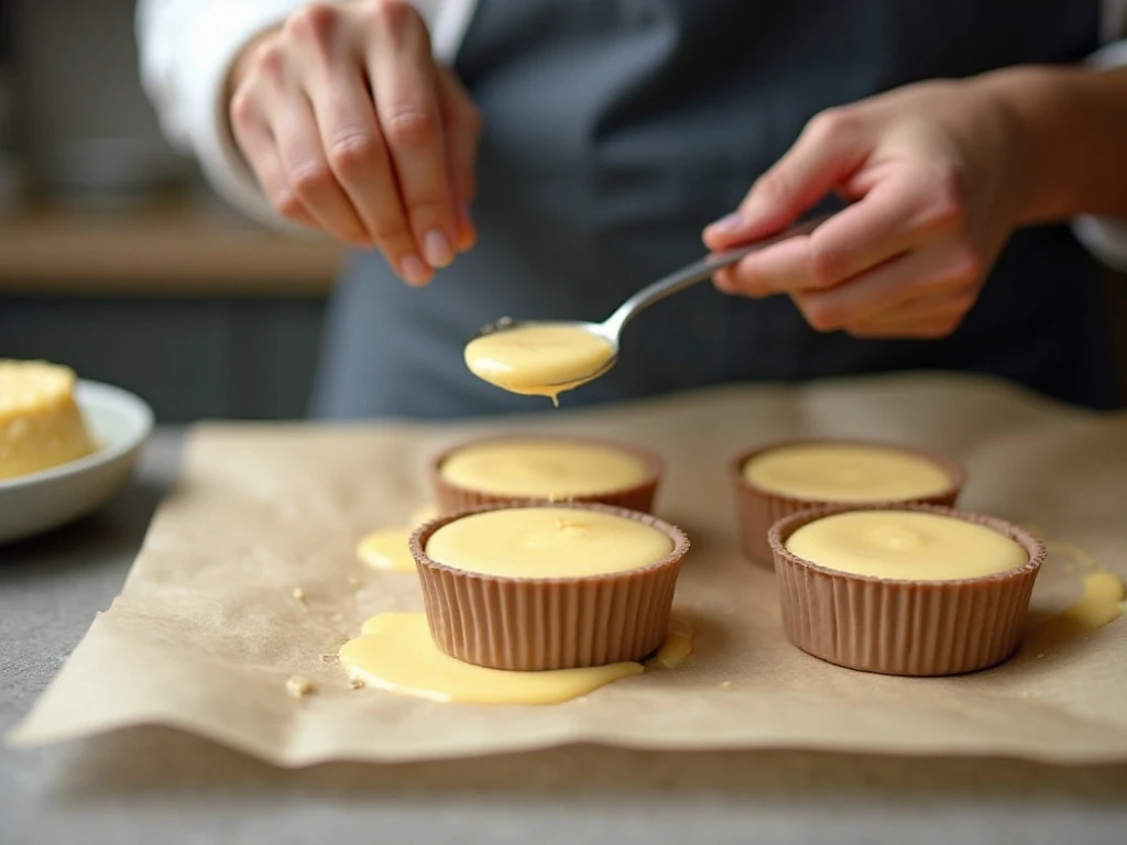 Portioning smooth cheesecake fat bomb mixture into silicone molds
