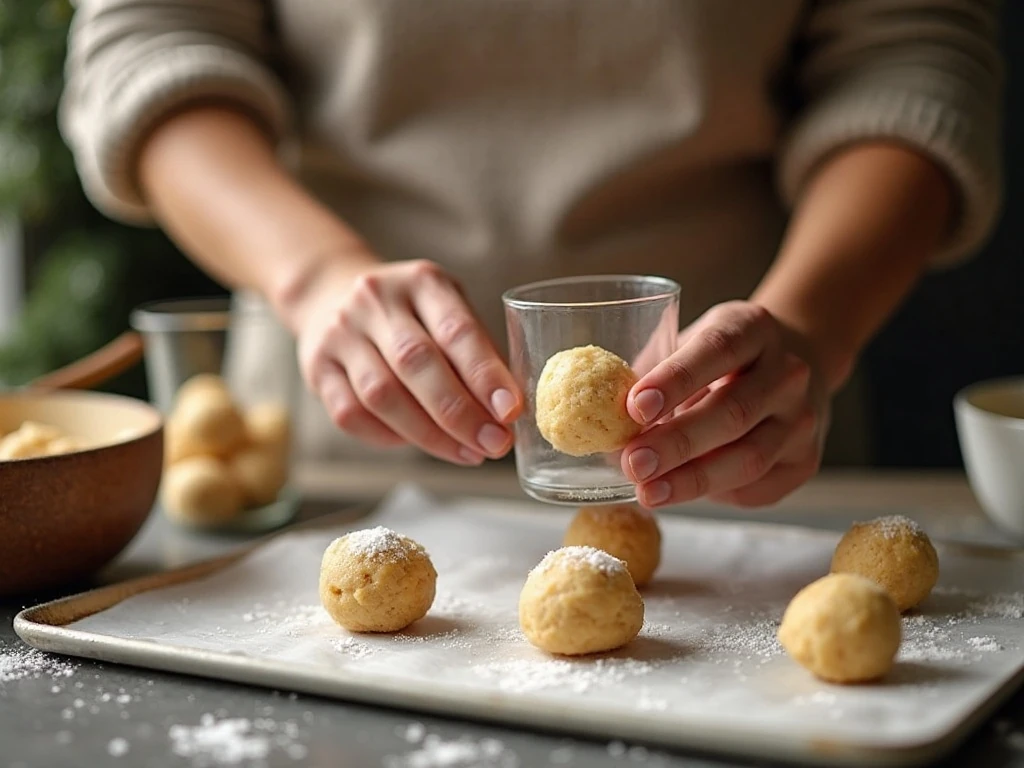 Flattening three-ingredient cookie dough balls before baking