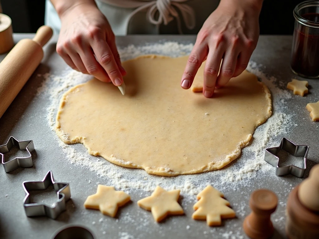 Rolling and cutting holiday cookie dough into festive shapes