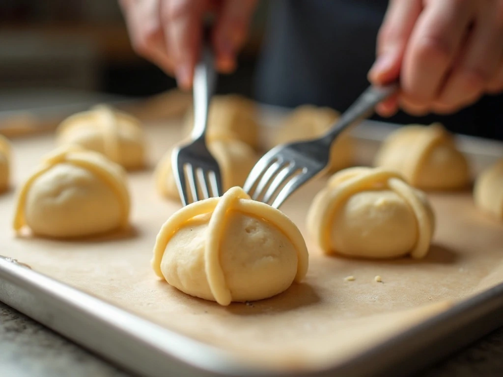 Pressing peanut butter cookie dough with a fork