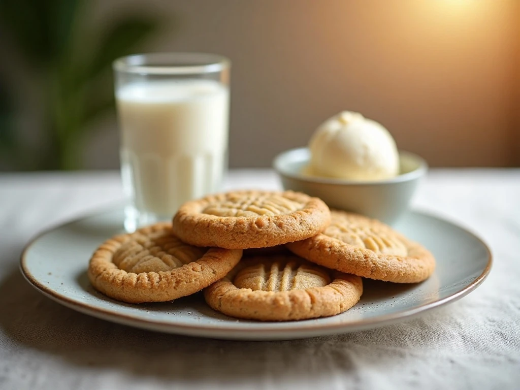 Peanut butter cookies served with milk and ice cream