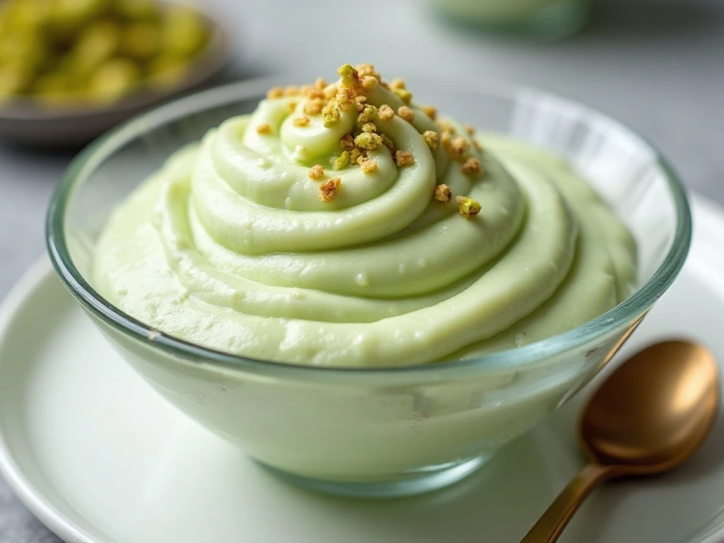 Creamy three-ingredient pistachio fluff served in a glass bowl