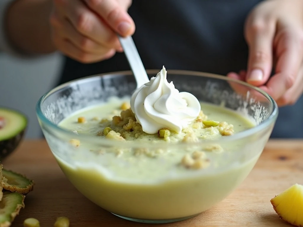 Gently folding whipped topping into pistachio pineapple mixture