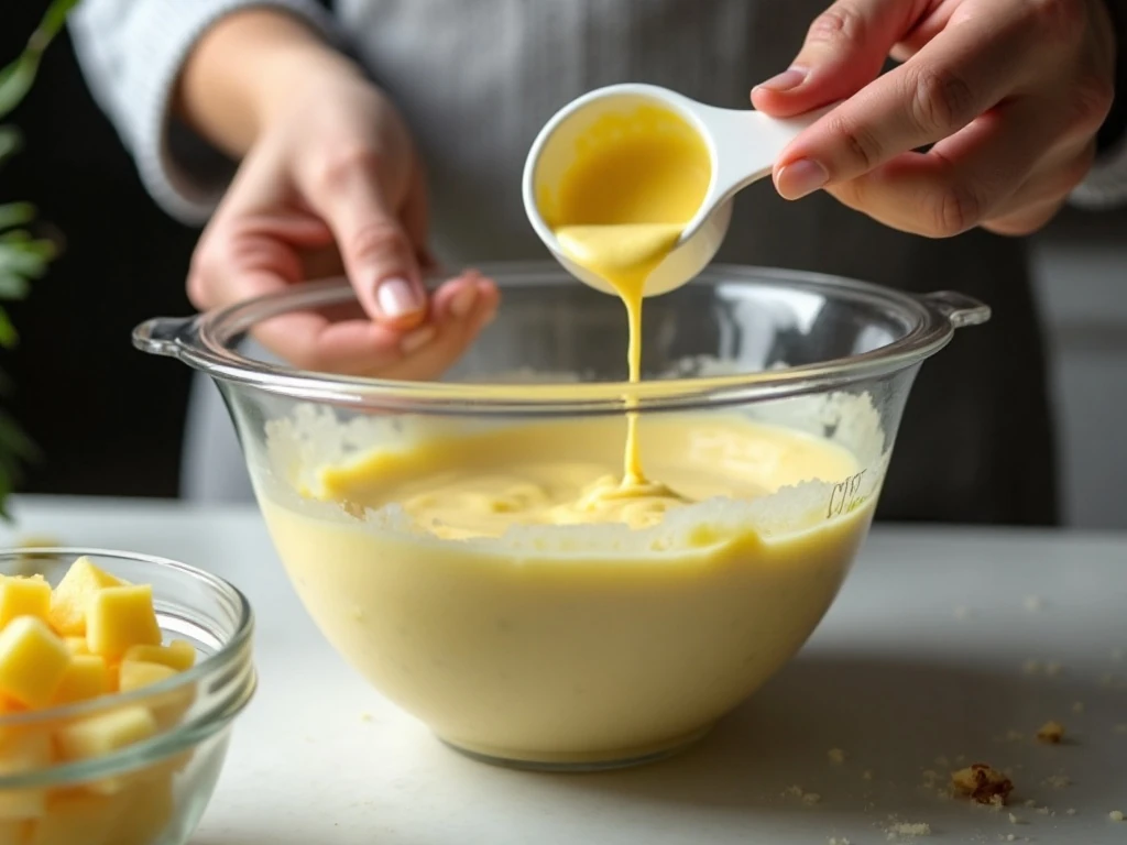 Mixing undrained pineapple with instant pistachio pudding