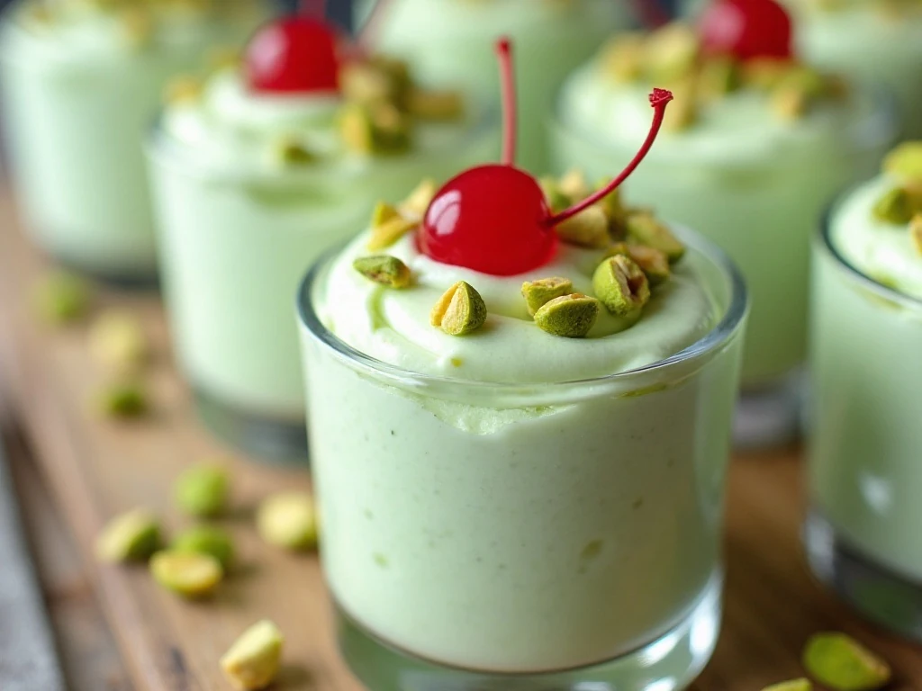 Chilled pistachio dessert cups with pistachio and cherry garnish