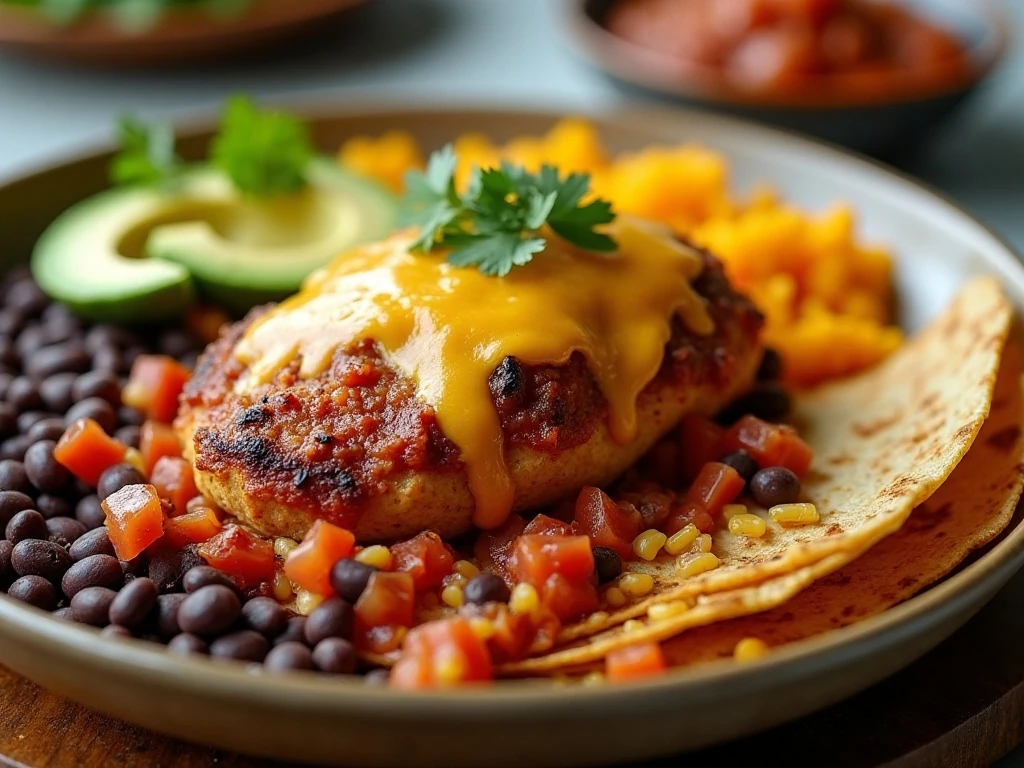 Three-ingredient salsa chicken served with rice, beans, avocado, and tortillas