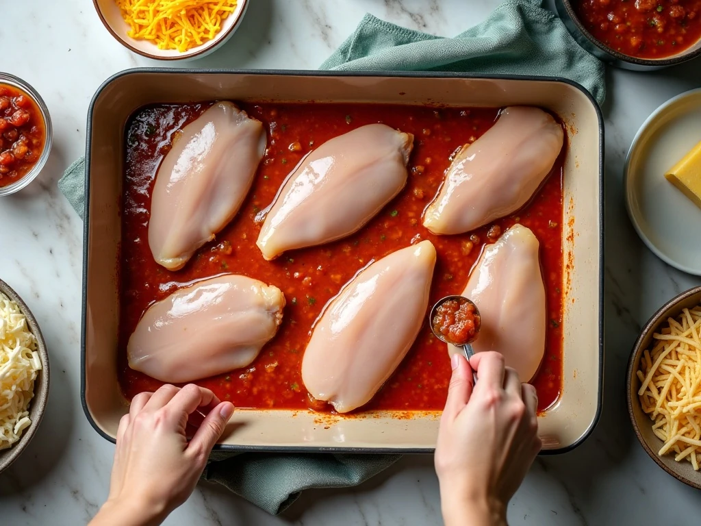 Chicken, prepared salsa, and shredded cheese for salsa chicken