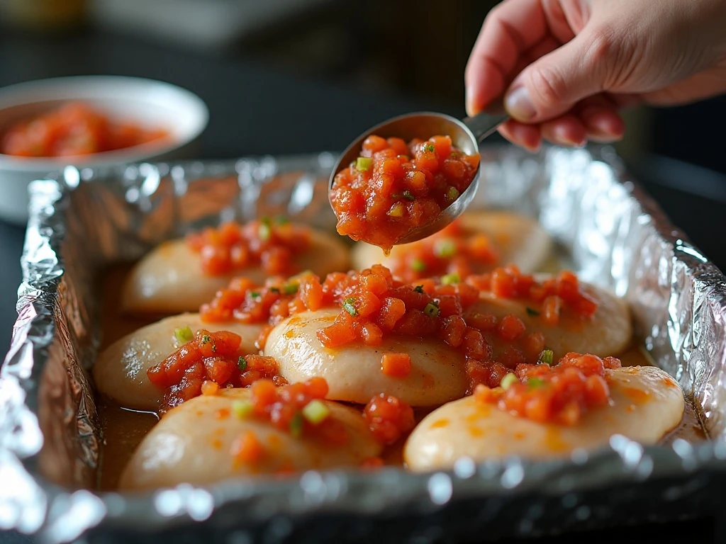 Salsa spooned over chicken breasts before baking