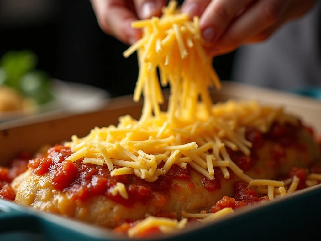 Shredded cheese added to salsa chicken before the final bake
