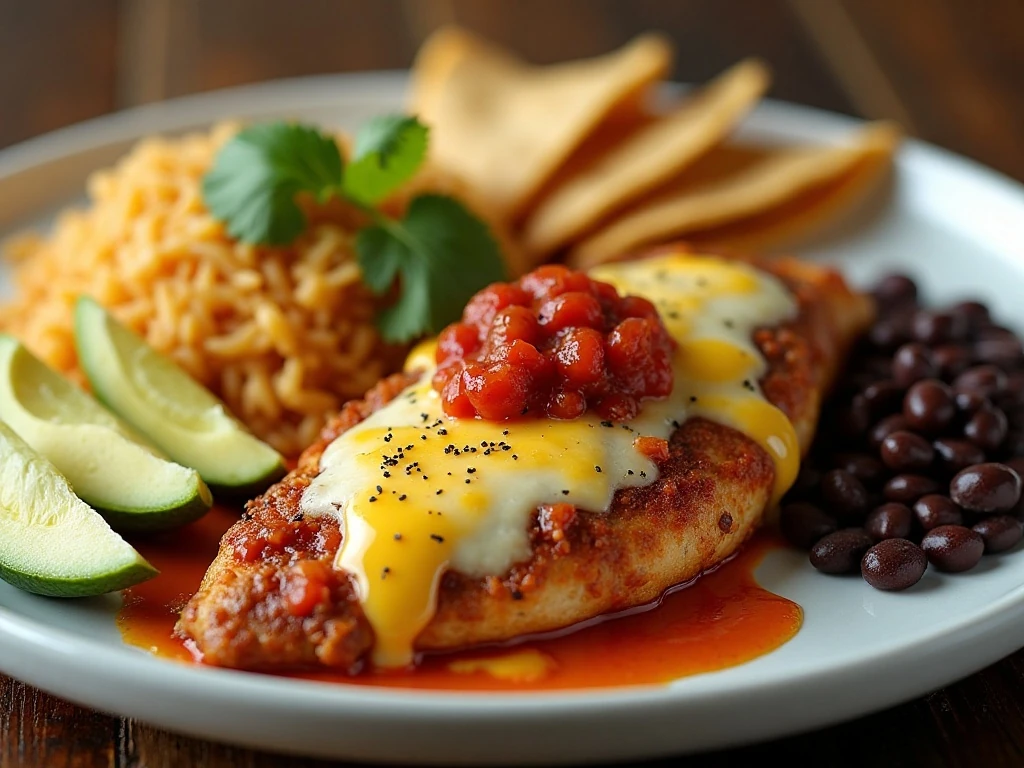 Salsa chicken dinner with rice, beans, tortillas, and avocado