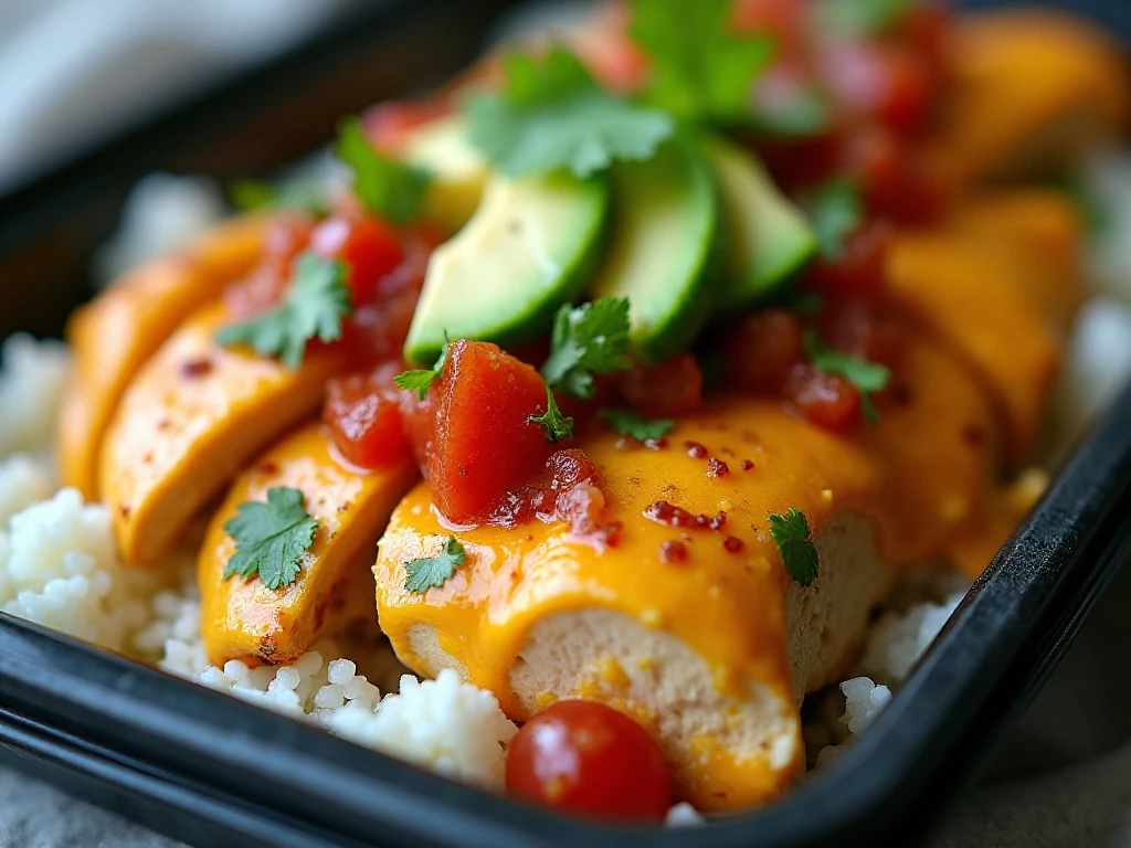 Sliced salsa chicken leftovers served over rice