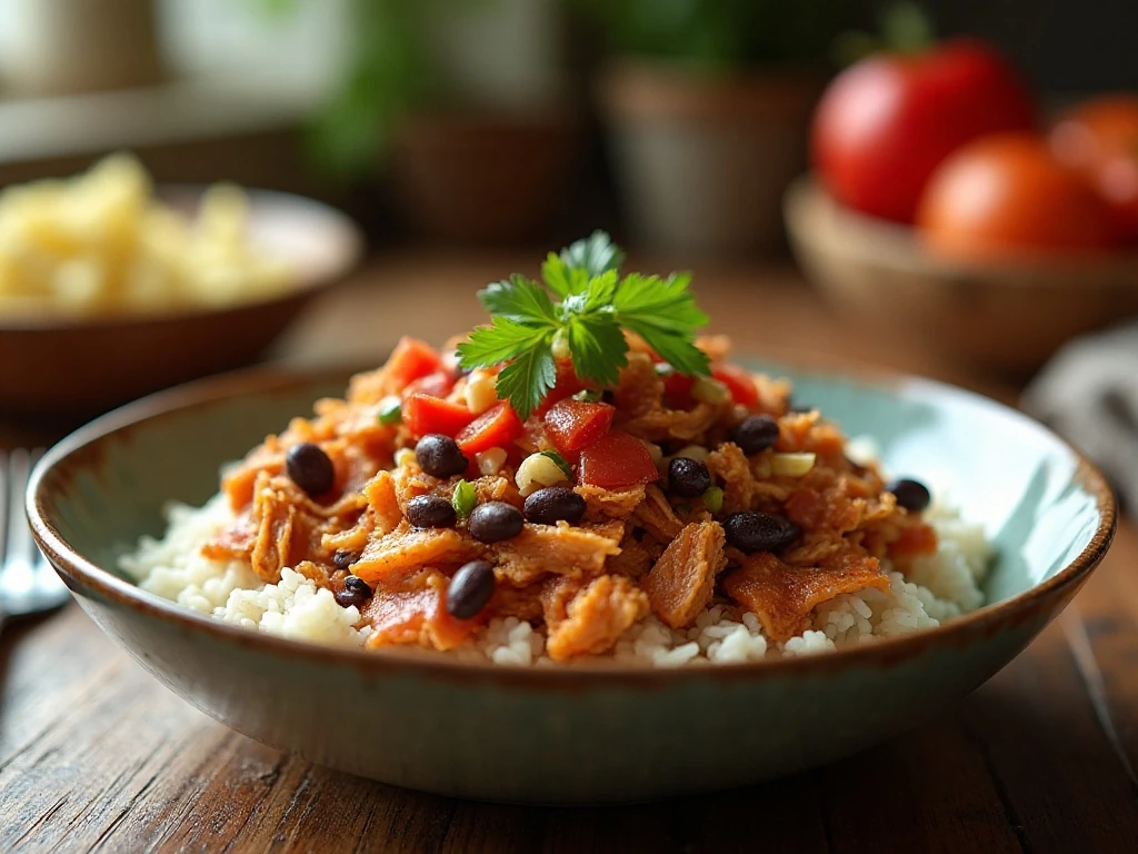 Slow cooker fiesta chicken served over rice with black beans