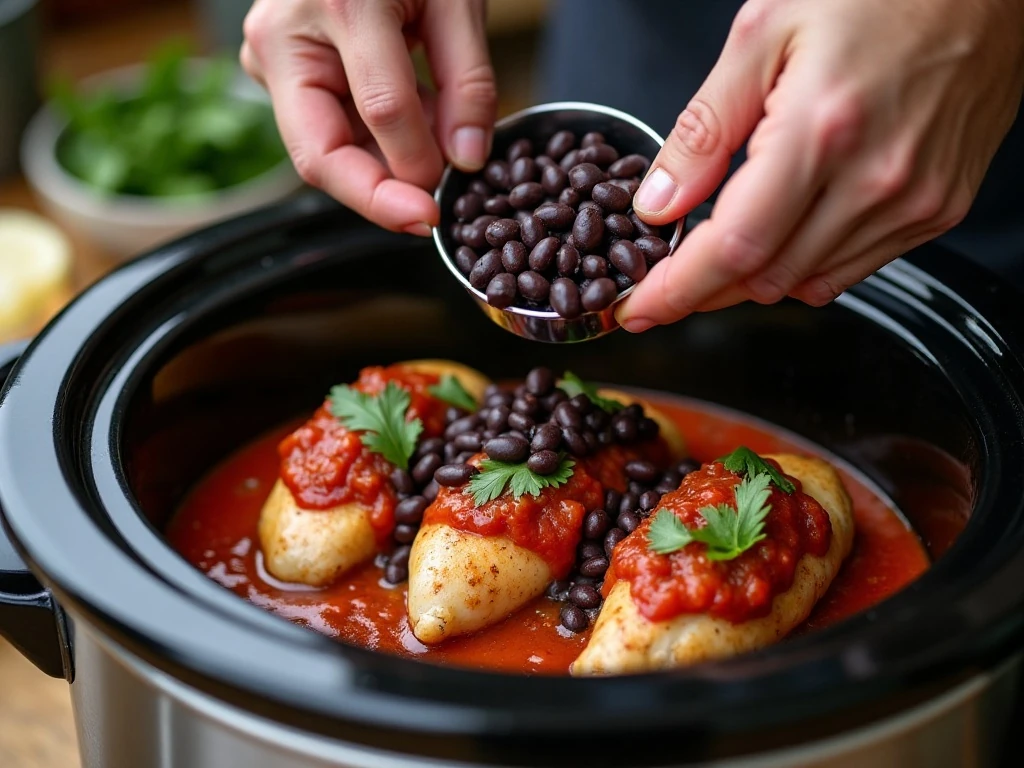 Black beans added to salsa and chicken in a slow cooker