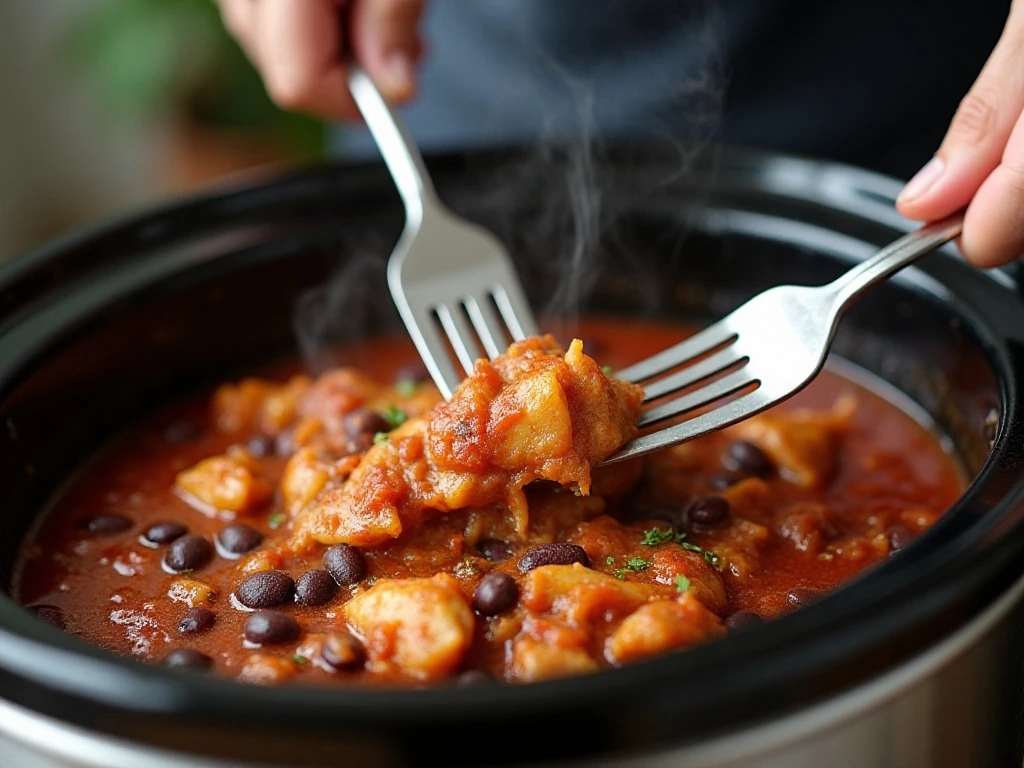 Chicken being shredded in the slow cooker