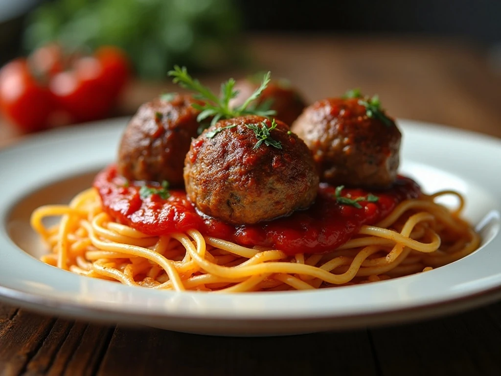 Tender three-ingredient beef meatballs served with marinara and pasta