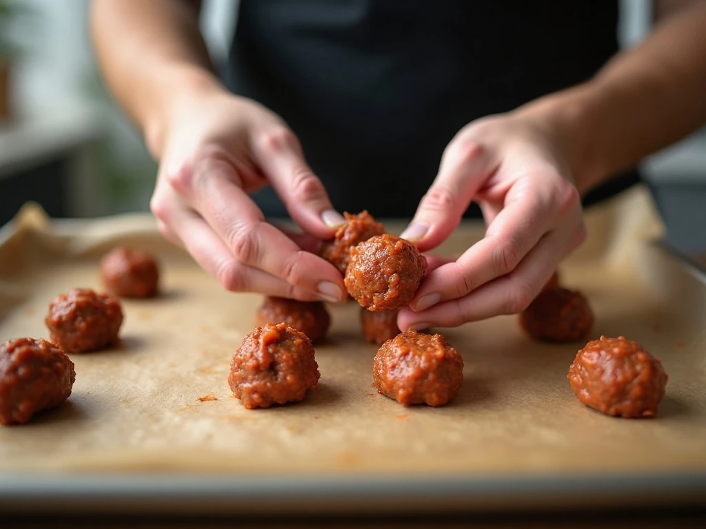 Shaping one-inch meatballs before baking