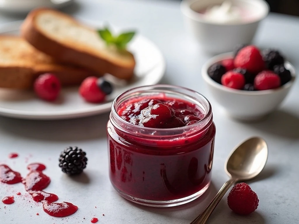 Homemade no-sugar berry microwave jam served with toast and yogurt