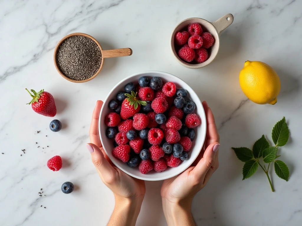 Ingredients for three-minute no-sugar microwave berry jam