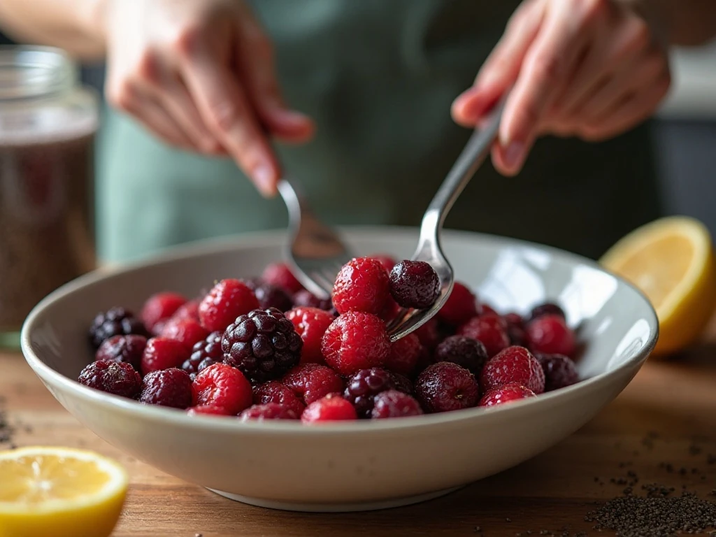 Softened berries being mashed for quick chia jam