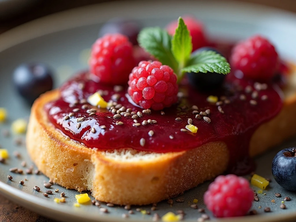 Berry chia jam spread on toast with fresh berry garnish