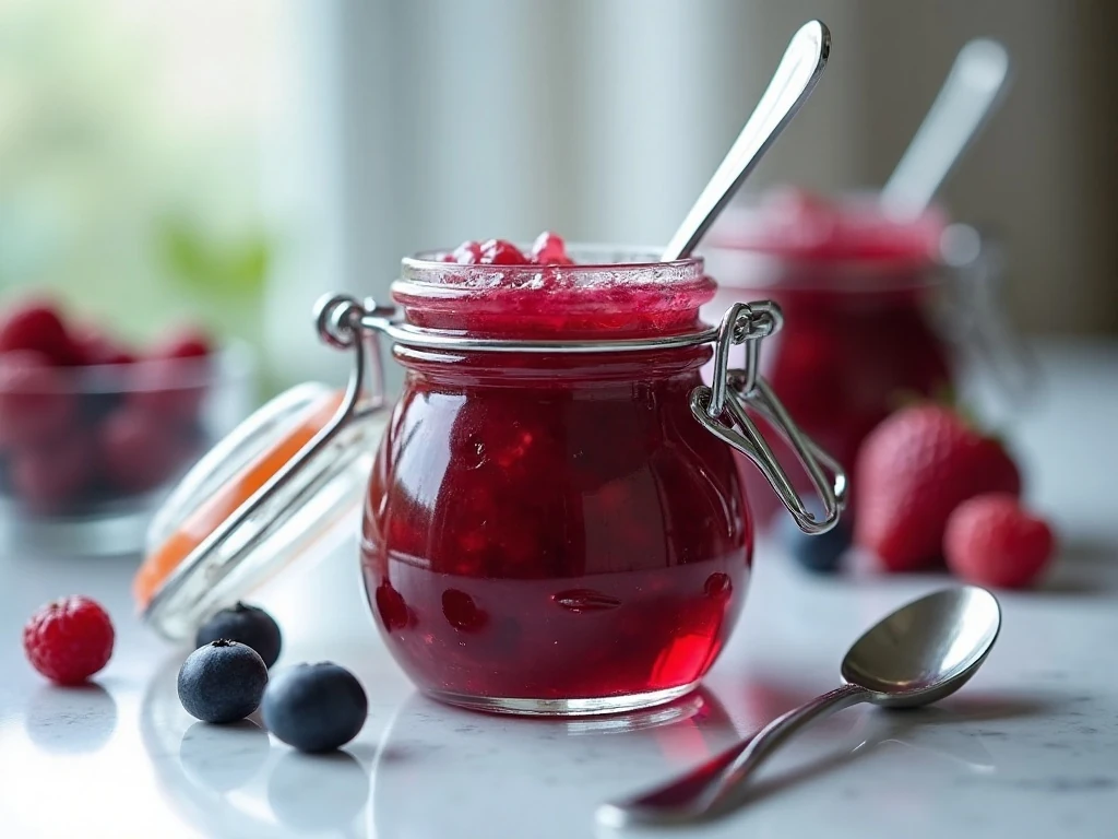 Jar of homemade refrigerator berry jam ready for storage