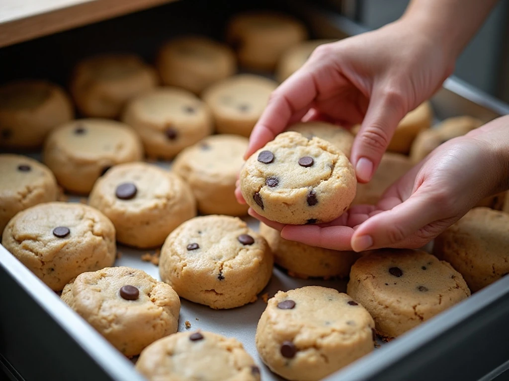 Labeled cookie dough portions organized in a freezer