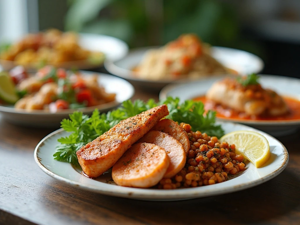Thirty healthy dinner ideas represented in a colorful meal spread