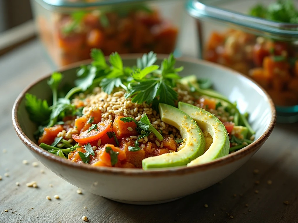 Healthy dinner served with fresh garnishes and storage containers