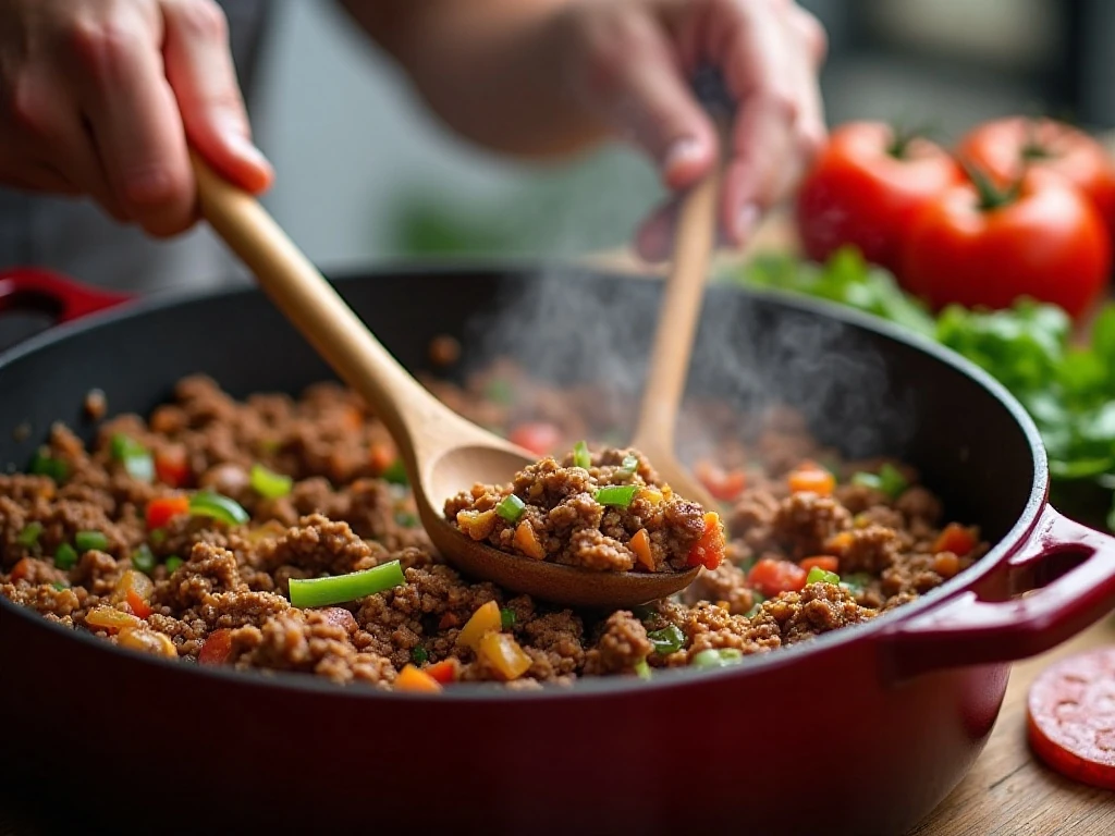 Ground beef and vegetables browning for pizza chili