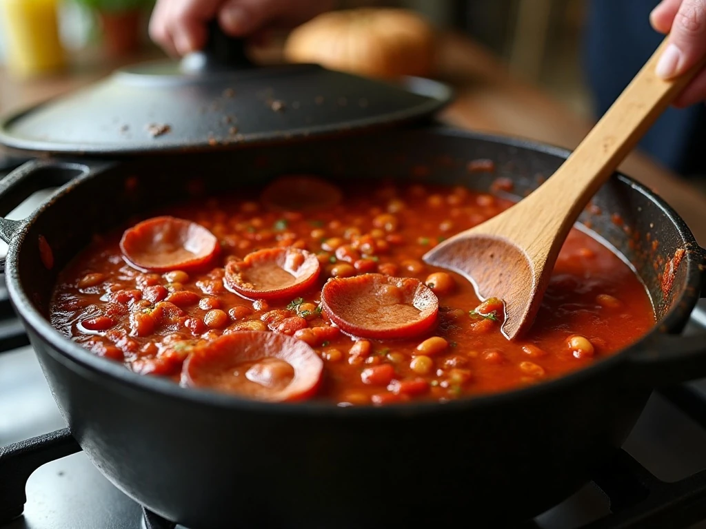 Pizza chili simmering with pepperoni, beans, and tomatoes