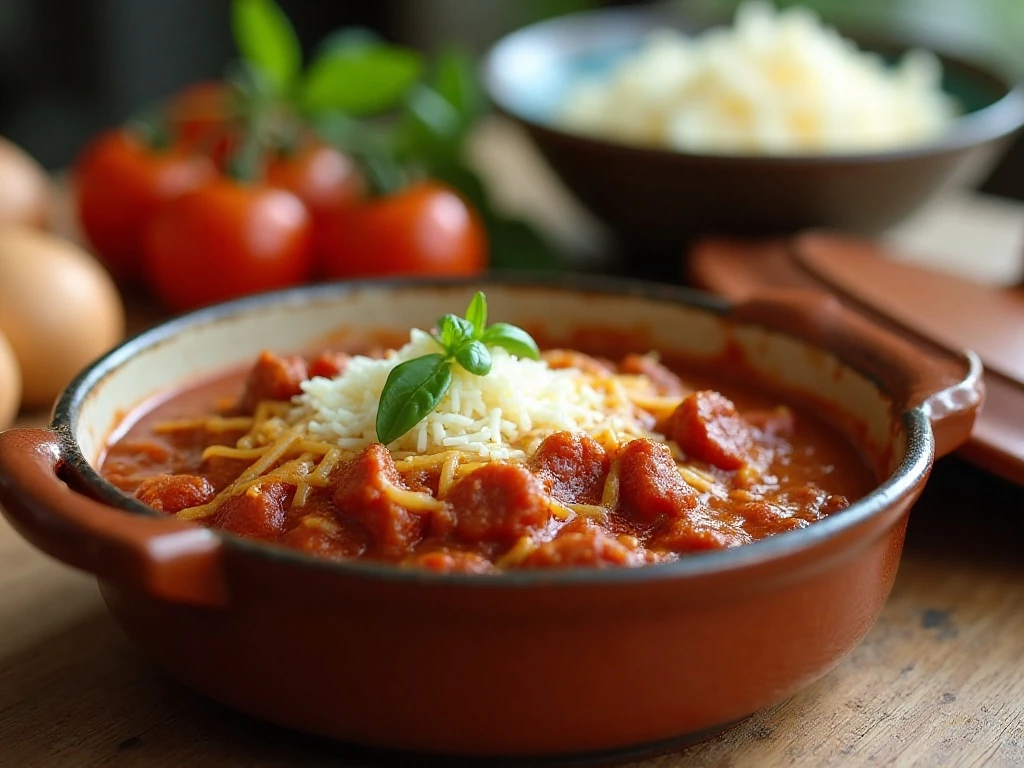 Stored and reheated pizza chili with mozzarella topping