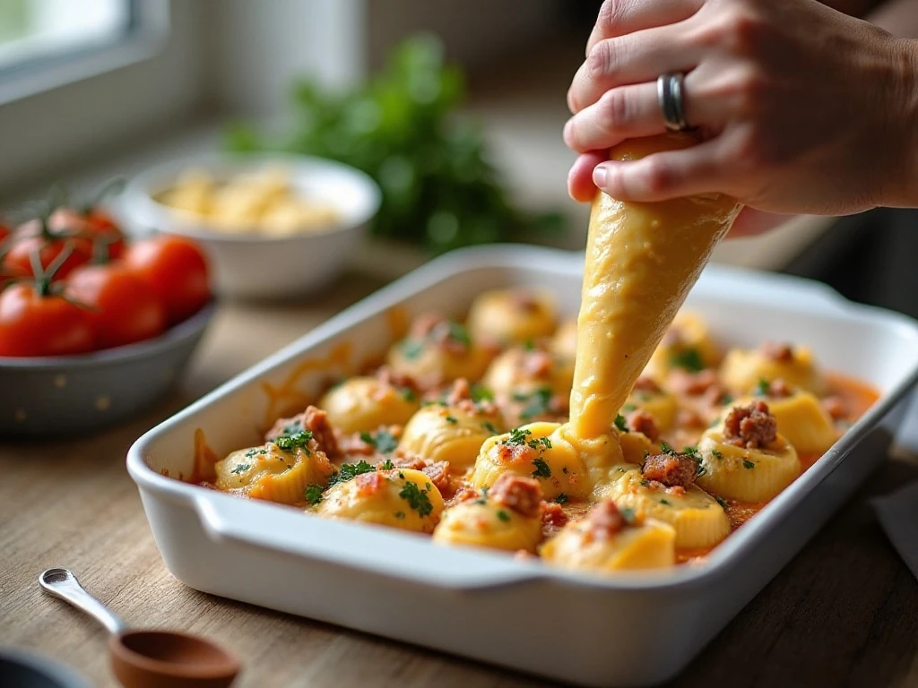 Filling jumbo pasta shells with sausage ricotta mixture