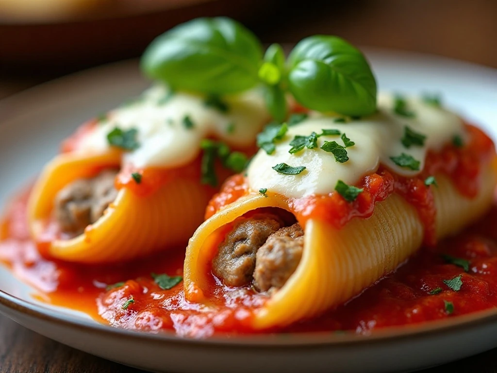 Close-up serving of cheesy sausage stuffed shells with fresh herbs
