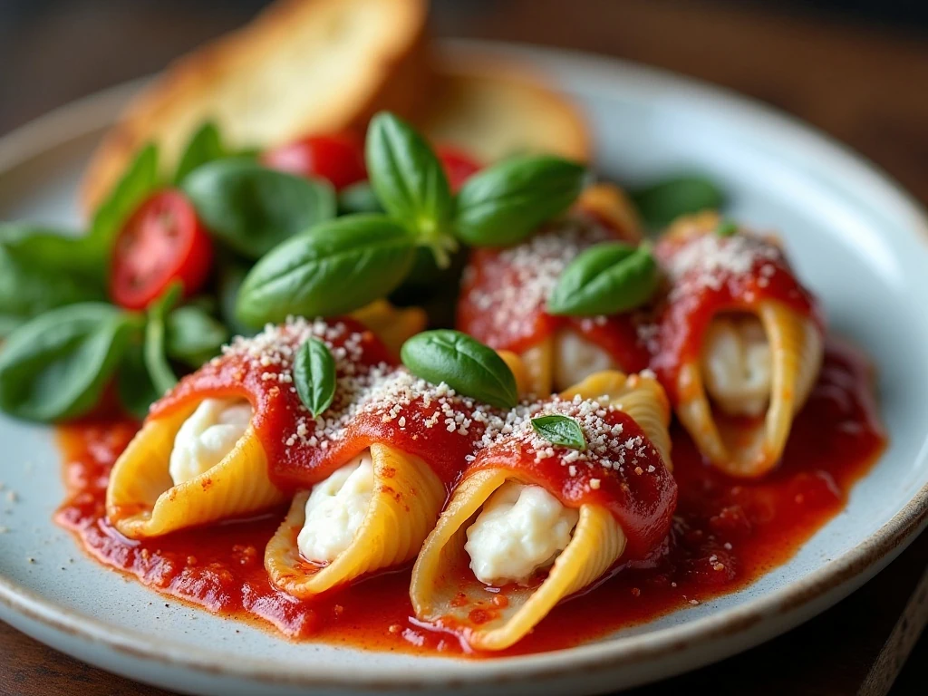 Plated sausage stuffed shells with basil, salad, and bread