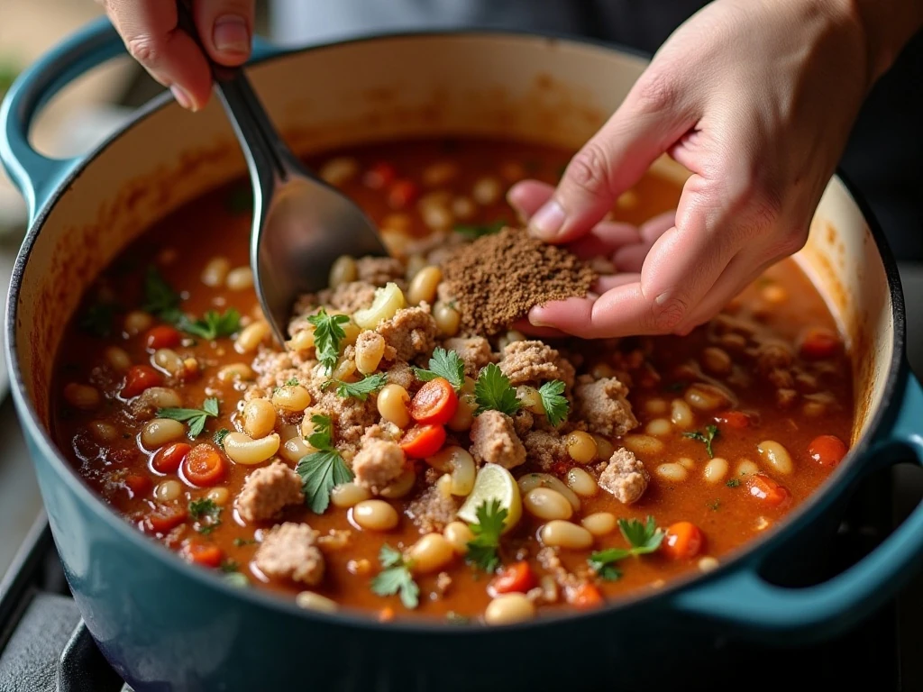 Cooking turkey and spices for white bean chili in a Dutch oven
