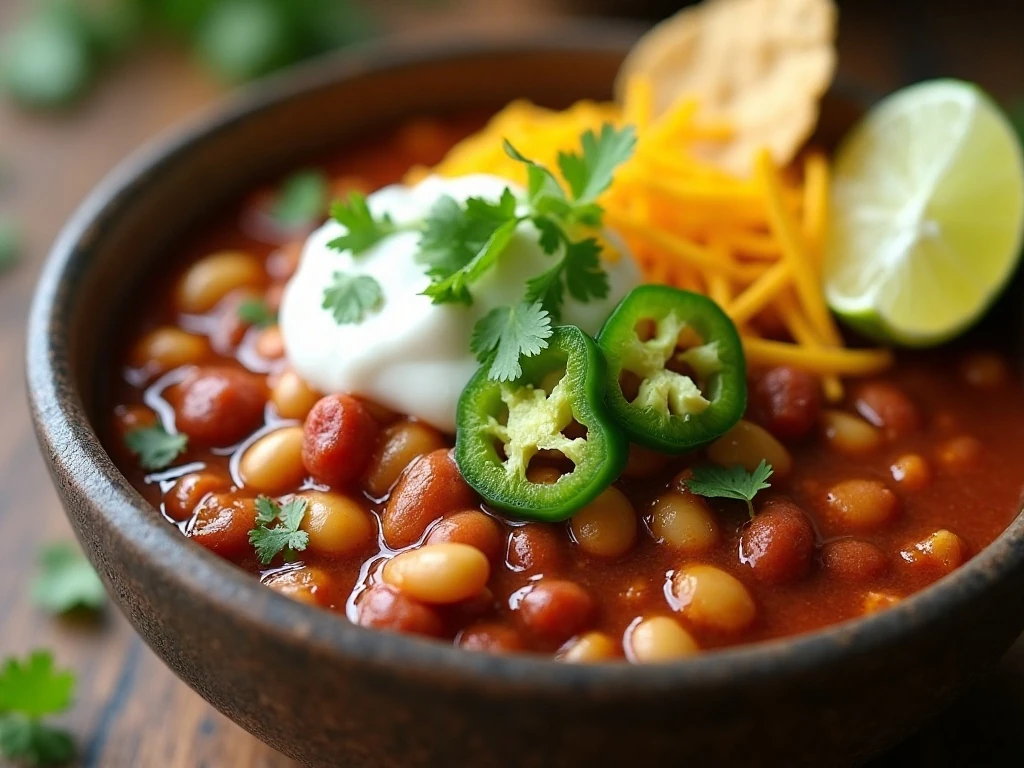 White bean turkey chili with avocado, cheese, cilantro, and lime toppings