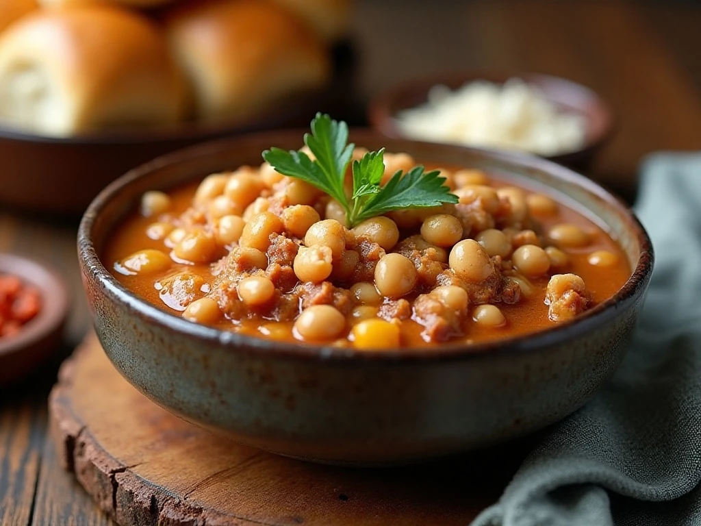 Finished 30-minute white bean turkey chili with dinner rolls
