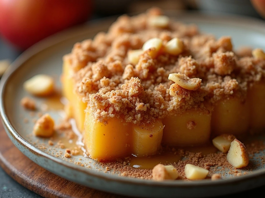 Close-up of a finished apple crumble with toppings