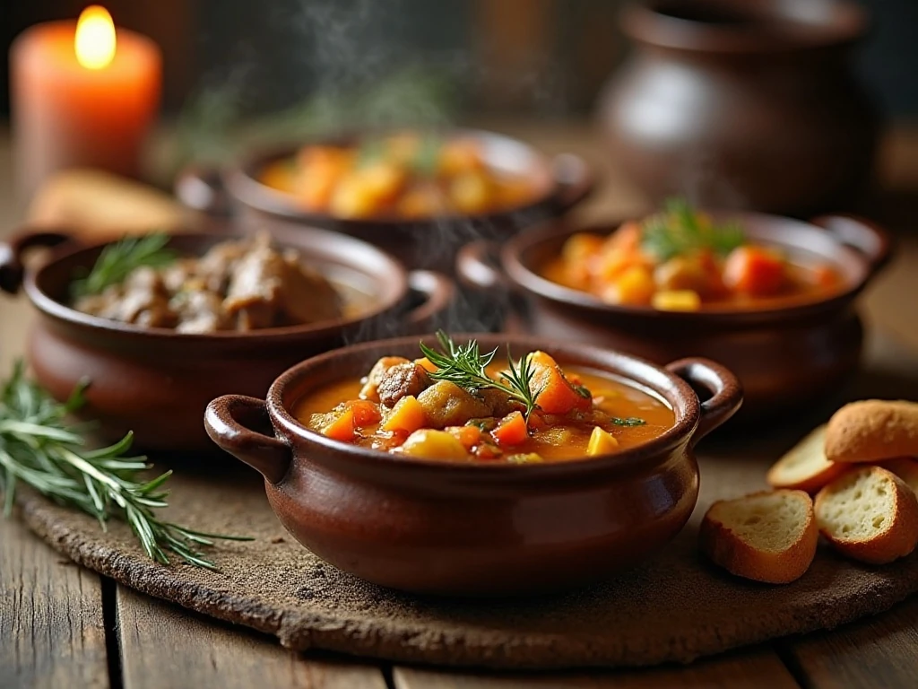 Assortment of cozy winter stews served with bread and herbs