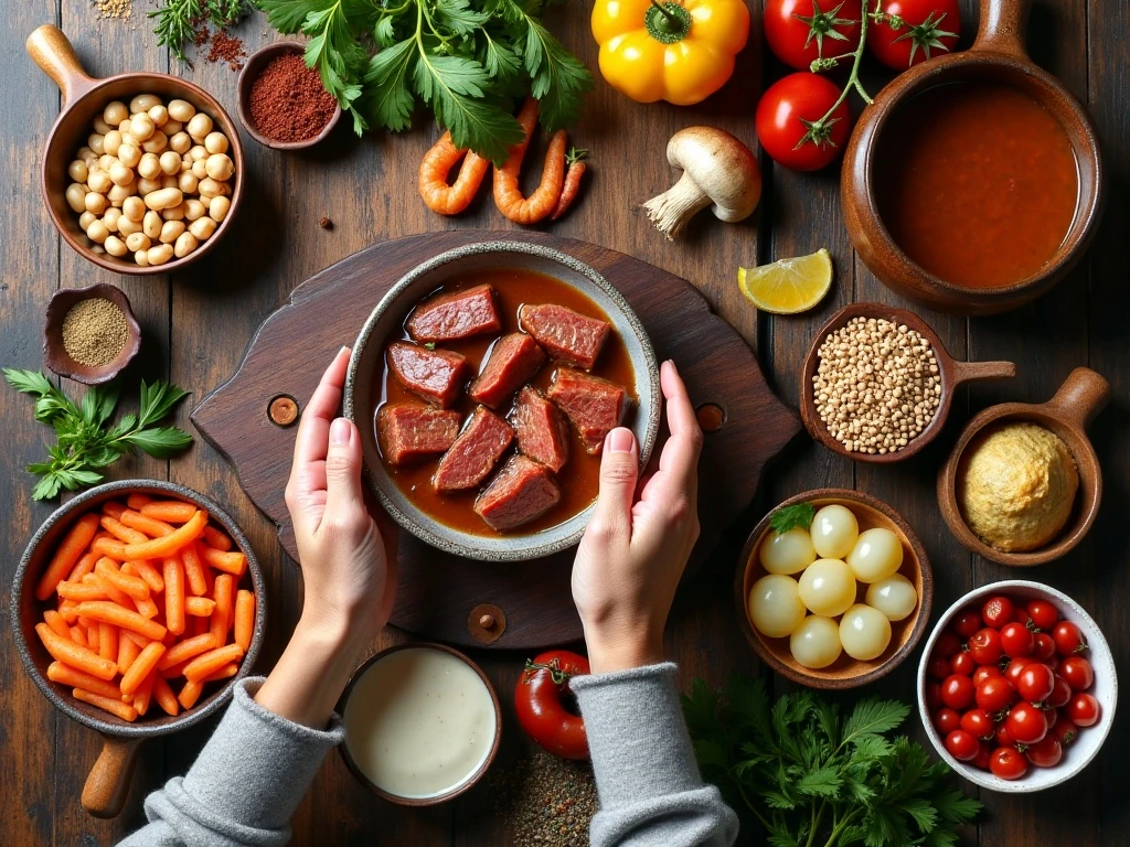 Ingredients for beef, chicken, seafood, and vegetable stew recipes